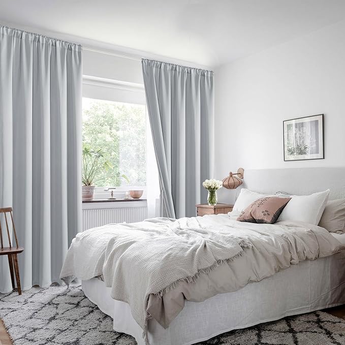 XWZO 100% Blackout Window Curtains - Thermal Insulated & Completely Room Darkening Black Liner Window Panels with Tiebacks for Bedroom/Living Room, Rod Pocket, Light Grey, W52 x L63, Set of 2
