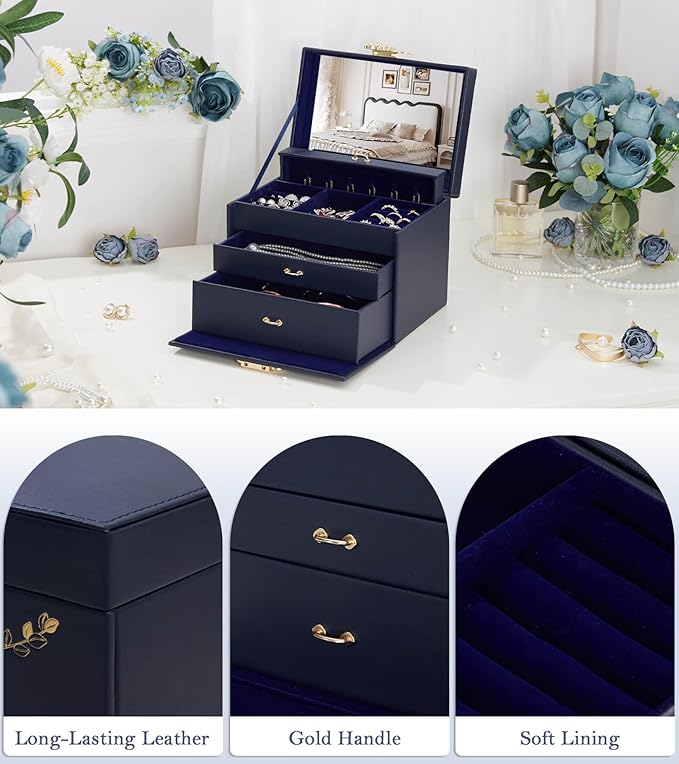 Jewelry Box with Lock for Girls: Jewelry Organizer for Dresser - 3-Drawer Earrings Storage Girls Women Gift (Dark Blue