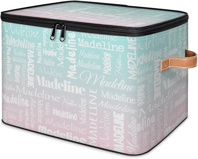Custom Storage Basket with Name, Personalized Storage Bins with Zipper Lid, Foldable Fabric Storage Box Large capacity with Handle Green Pink