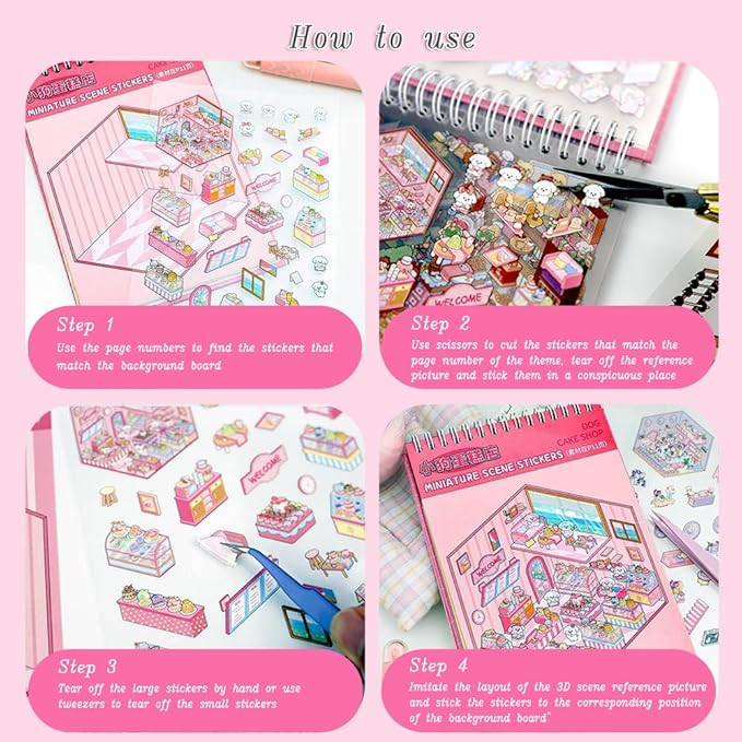 20 Sets DIY 3D Sticker Scenes for Adults with Tweezer, Kawaii 3D House Miniature Sticker Therapy, Make Your Own Mini Room Scene Collection Book for Adult Kids Relief Stress Pass The Time
