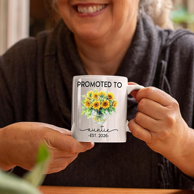 Promoted To Auntie EST 2026 Accent Mug Gift For Pregnancy Announcement, Personalized Name New Aunt Coffee Mug 11 15Oz, Customized Sunflowers Auntie White Coffee Cup For Birthday, First Time Aunt Cup