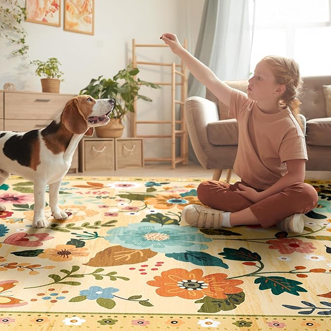Floral 6x9 Area Rug Machine Washable Soft Print Boho Carpet Non Slip Doormat Low Pile Flower Area Rugs for Living Room Bedroom Nursery Kitchen Dining Room Indoor-Ivory/Yellow