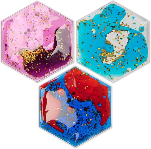 Art3d Hexagon Sensory Fidget Liquid Motion Tiles for Kids, Toddler, Teens - Interactive Soft Gel Liquid Play Mats for Home, Schools, Playrooms, Multi-Pack of 3 Tiles