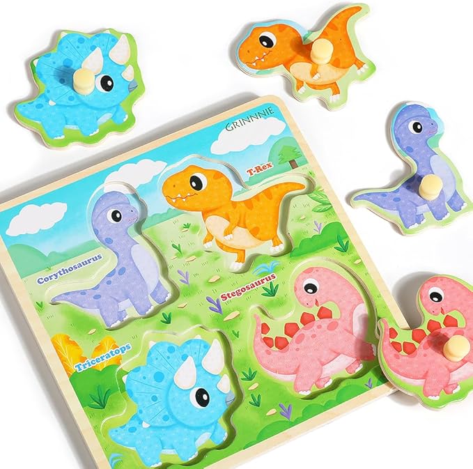 GRINNNIE Wooden Toddler Puzzles, 1 2 3 Years Old Learning Montessori Peg Puzzle Toy Set for Toddlers, 4 Pcs Educational Portable Size Travel Knob Puzzle Toys, Gift for 1-3 Boy Girl Birthday Christmas