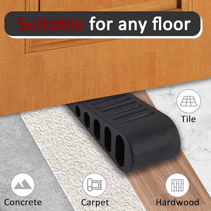 JQK Rubber Door Stopper Wedge, Black 3 Pack Soft TPR Premium Door Stops for Bottom of Heavy Duty Door on Tile, Concrete, Carpet, Wooden Floor, DSB61-BK-P3