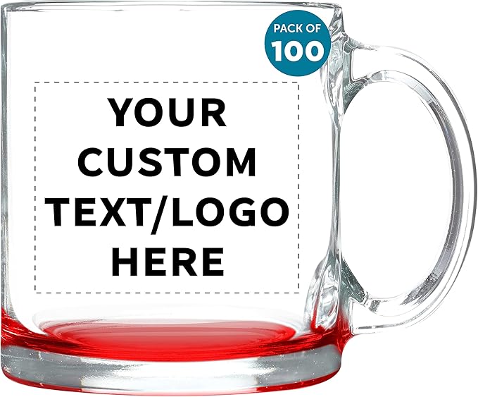 Custom Libbey Clear Glass Coffee Mugs 13 oz. Set of 100, Personalized Bulk Pack - Perfect for Coffee, Tea, Espresso, Hot Cocoa, Other Beverages - Red Bottom
