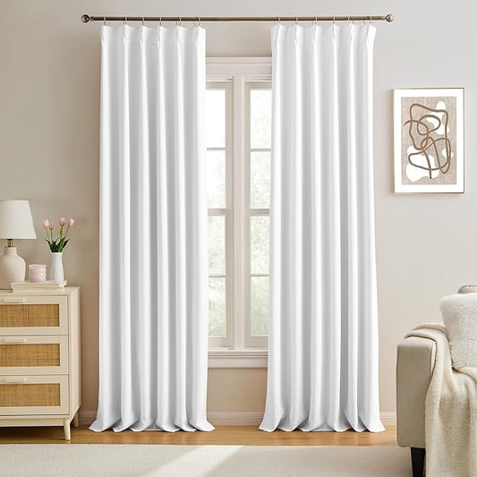 KEQIAOSUOCAI White Linen Pinch Pleat Curtains 92 Inches Long 2 Panels for Living Room Bedroom Snow White Pleated Hooks Elegant Luxury Privacy Curtain Drapes 92 Inch Length