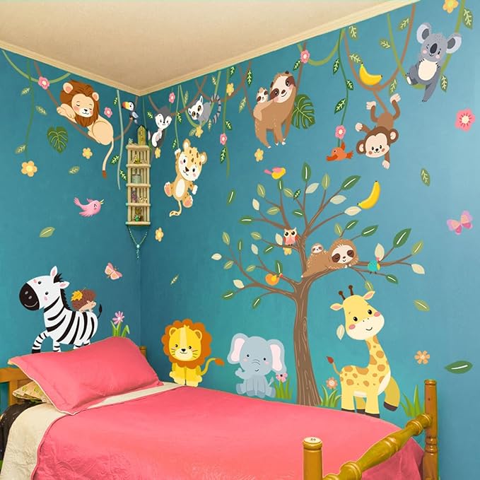 iMagitek Large Jungle Animals Tree Wall Decals Safari Animals Climbing Trees Wall Stickers Elephant Giraffe Lion Sloth Wall Stickers for Baby Nursery Kids Room Playroom Classroom 90.94" x 62.59"