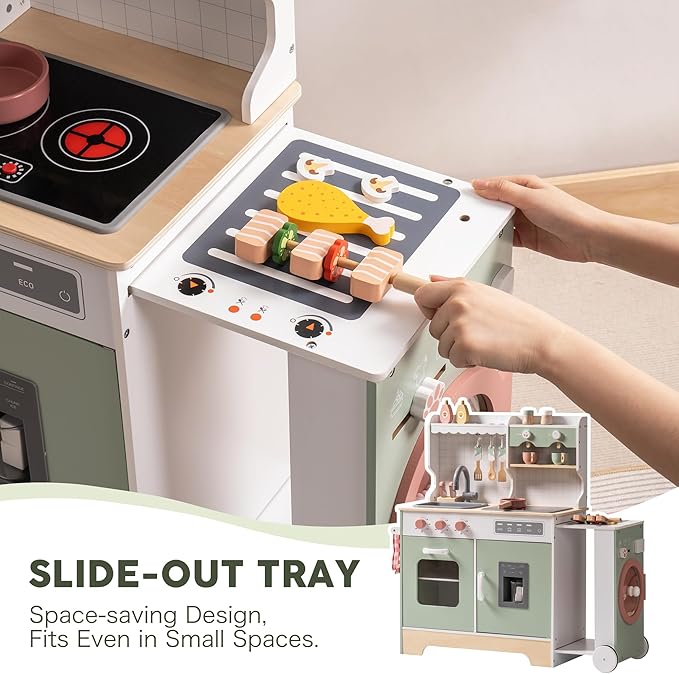 ROBOTIME Wooden Play Kitchen for Kids, Pretend Kitchen Set with Ice Maker, BBQ, Lights & Sounds, Toy Kitchen for Toddlers Ages 3+, Kitchen for Boys and Girls