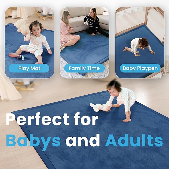 1.3" Thick Baby Play Mat for Floor Playpen, 71x79 Large Foam Tummy Time Mat, Padded Support Soft Plush Nursery Rug for Infant Kids Toddler Crawling Kick Activity (Royal Blue)