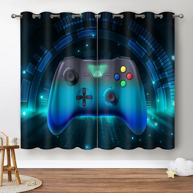 Jekeno Game Controller Blackout Curtains for Kids Boys Teens Bedroom Colorful Video Game Gamer Gaming Gamepad Decor for Home Living Room Grommet Window Drapes 2 Panel Set, 42"x84"