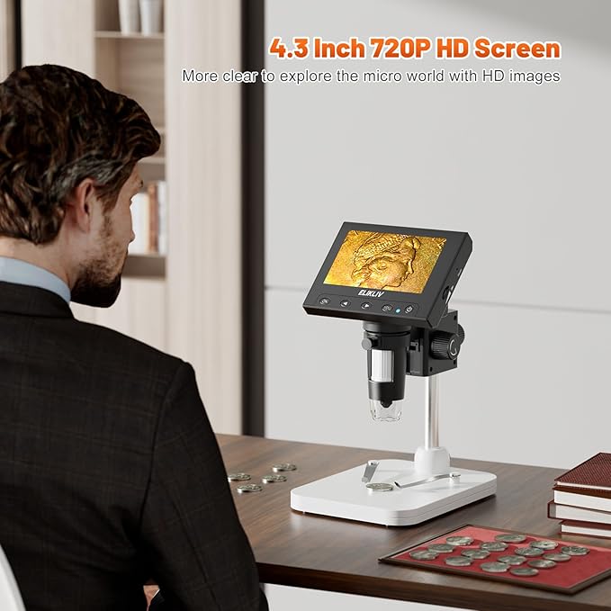 Elikliv Microscope, LCD Digital Coin Microscope 1000x, Coin Magnifier with 8 Adjustable LED Lights, PC View Compatible with Windows/MacBook, EDM4, 4.3-Inch