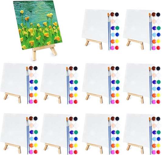 10 Set Mini Acrylic Paint Kit, 5.9In Canvas Boards for Painting with 6.5" Easel, Acrylic Paint Strips, Painting Brushes, Mini Canvas and Easel Set for Kids Artists Beginner Gift Party (160)
