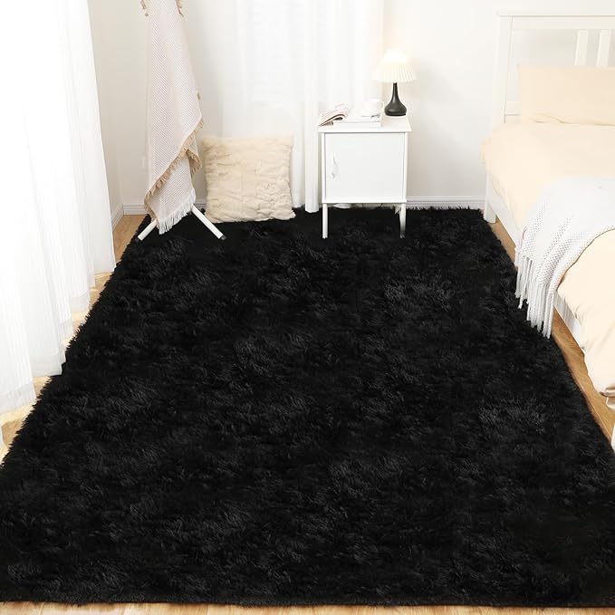 Black Area Rug, 5x7, Soft Plush for Living Room, Bedroom & Nursery, Non-Slip Indoor Carpet for Study, Kids Room Decor