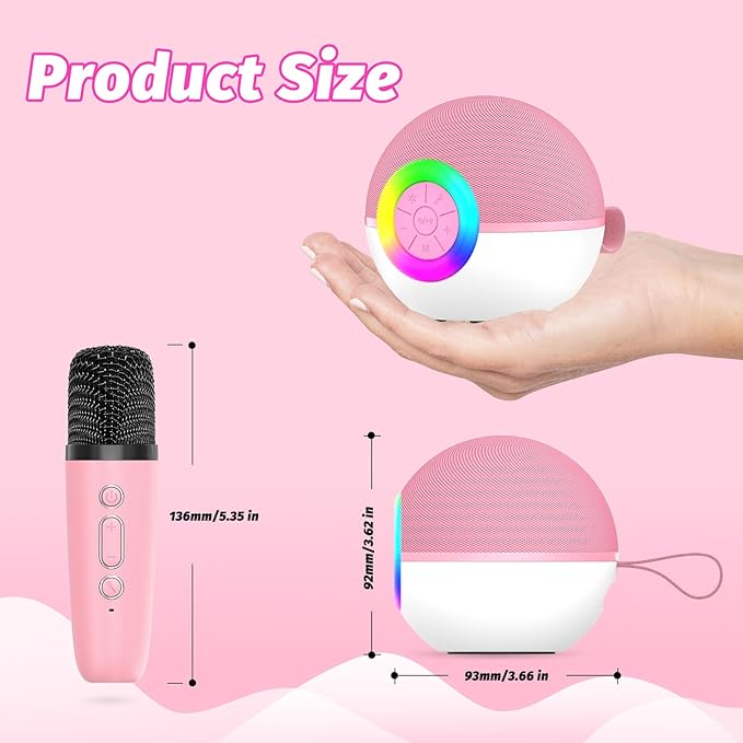 goopow Mini Karaoke Machine Speaker for Kids Adults, Portable Bluetooth Microphone Song Toys with LED Light, Best Chritmas Birthday Festival Gift for 3 4 5 6 7 8+ Year Old Girls Boys (Pink-2Mic)
