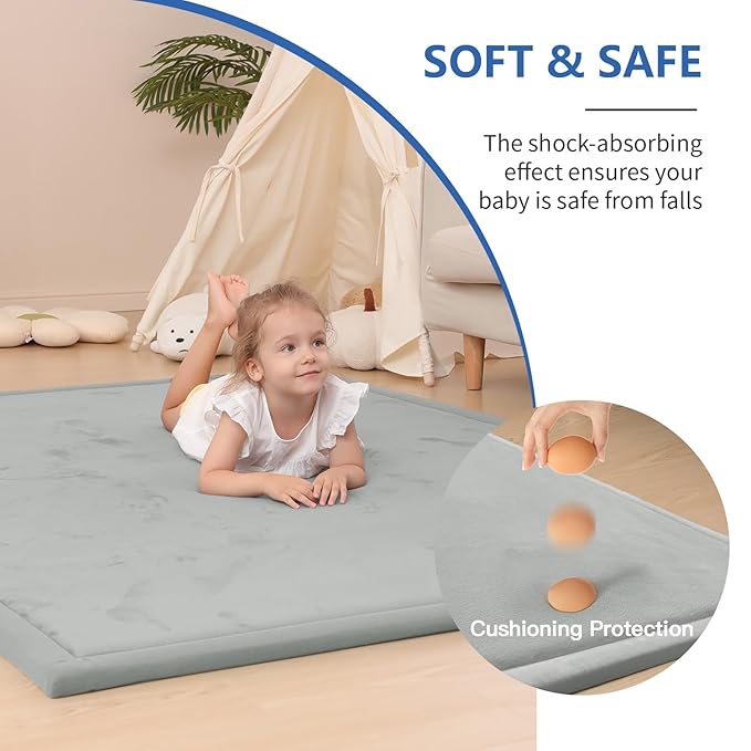 Baby Play Mat for Floor,1.3" Thick Elasti-Foam 74×50 Playpen Mat for Toddlers Infant Kids,Water-Repellent Soft Coral Velvet for Tummy Time, Non-Slip Backing for Crawling,Tatami Style(Light Grey)