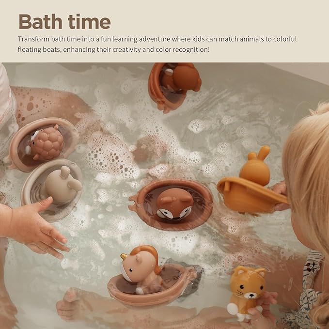 Nueplay Bathtub Toys for Toddlers 18M+，Baby Bath Toys with Animal Finger Puppets， Stackable Boat Train ，Gift for Baby & Toddlers Set of 12