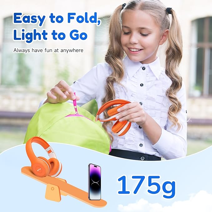 EarFun K2 Kids Bluetooth Headphones, Kids Headphones with Volume Limited, 40H Playtime, Built-in Mic, Stereo Sound, Foldable Over-Ear Headphone for School/Travel/iPad/Tablet, Orange