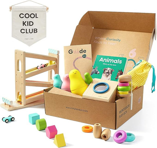 Tiny Land Montessori Toy Set for Baby 16-18 Months Adventure Play Kit - 7-in-1 Ramp Race Track, Shape Sorting and Color Matching Box, Lacing Beads Set, Silicone Nesting Dolls, Animals Board Book