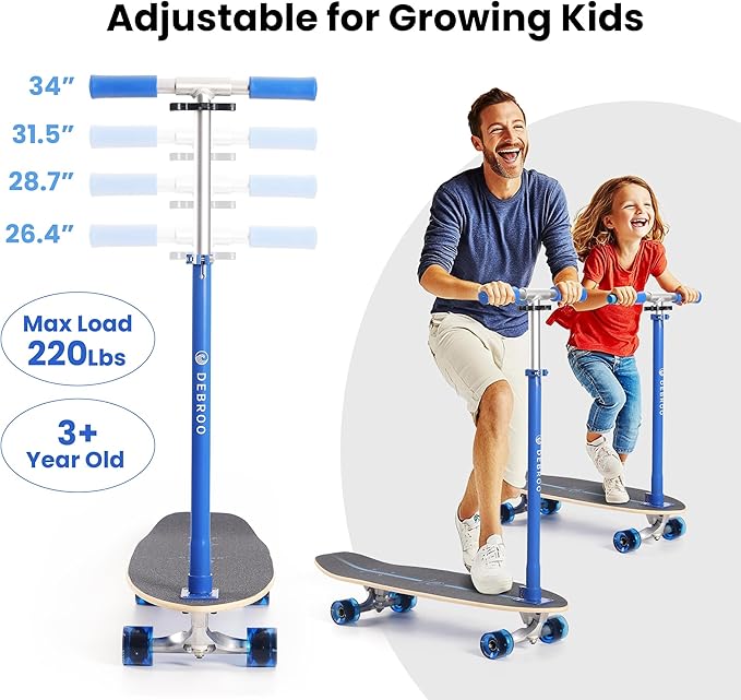 2-in-1 Kids Skateboard & Lean-to-Steer Scooter with Detachable Handlebar, LED Light-Up Wheels, Adjustable Height – Beginner Surf Skateboard for Ages 3+