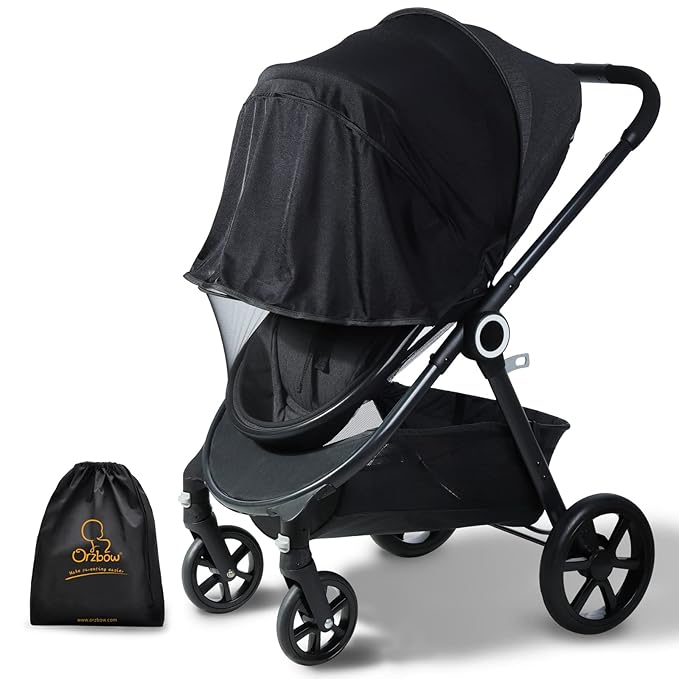 Orzbow 2-in-1 Baby Mosquito Net with UPF50+ Sunshade for Stroller, Breathable Stroller Mosquito Netting Privacy Cover with Two-Way Zipper & Storage Bag for Bassinet, Carrycot & Car Seat, Black