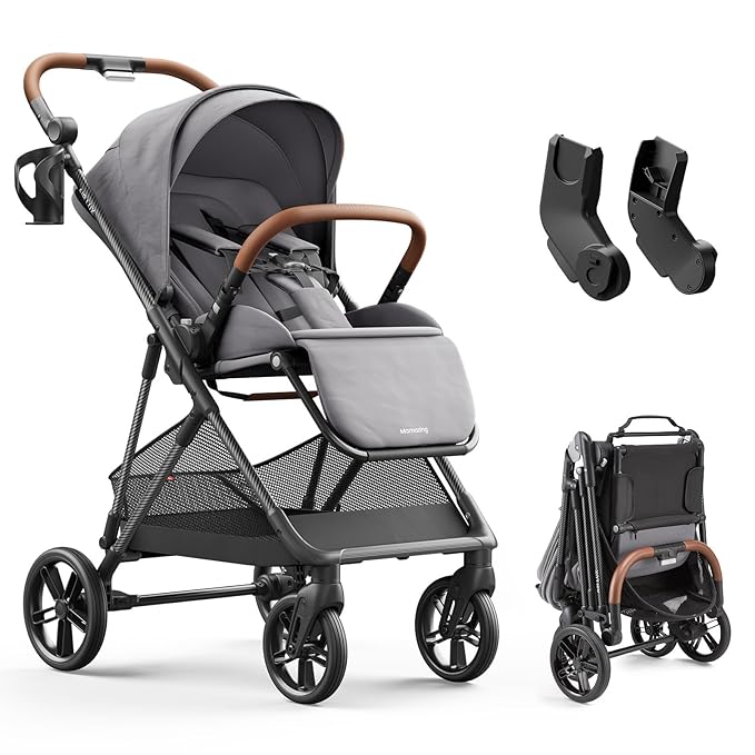 Air Lux Baby Stroller with Carbon Fiber Frame, One-Hand Fold & Reversible Seat, Magnetic 5-Pt Harness, Car Seat Adapter, 15.8lbs, Cinder
