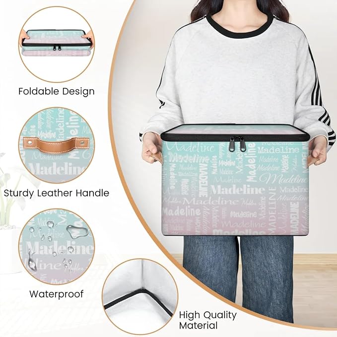 Custom Storage Basket with Name, Personalized Storage Bins with Zipper Lid, Foldable Fabric Storage Box Large capacity with Handle Green Pink