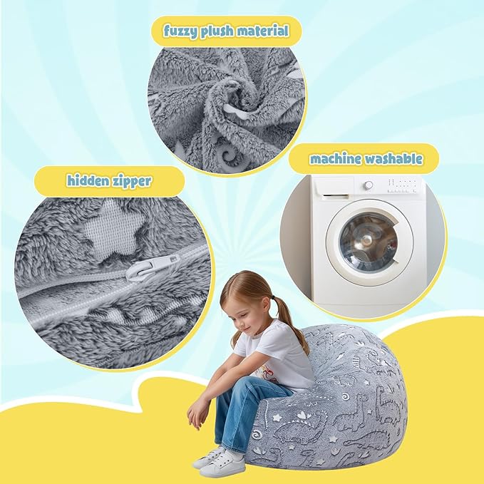 Kids Bean Bag Chair Turn into Beanbag Bed, Dinosaur Toddler Bean Chair for Girl Boy Sleeping, Lazy Children Bean Bags with Filler, Convertible Child Floor Mattress, Grey Dino