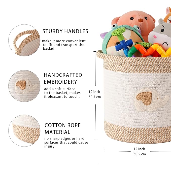 INough Toy Storage Baskets Woven Cotton Rope Storage Basket for Kids, Blanket Baskets for Living Room Toy Basket Box Toys Organizer with Embroidery Decor Cute Baskets for Nursery, Playroom (Elephant)