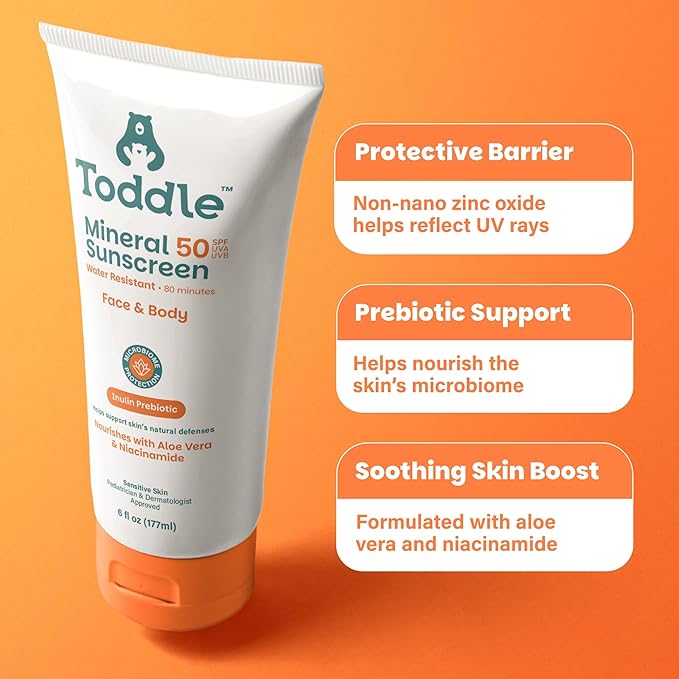 Prebiotic Mineral Sunscreen SPF 50 for Kids & Baby, Face & Body Sun Protection, Reef Safe, Non-Toxic Zinc Oxide Broad Spectrum, Water-Resistant, No White Cast, 6oz