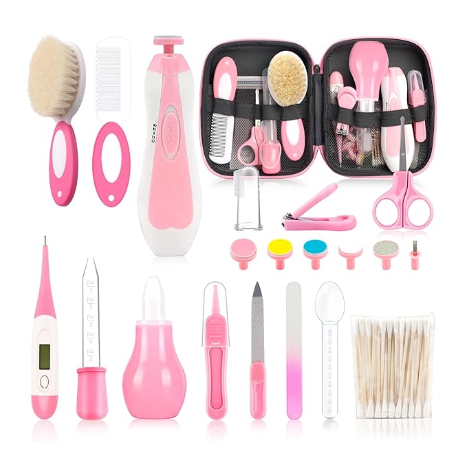 Infant Grooming Essentials: Electric Safety Nail Trimmer, Nasal Aspirator, Hair Brush, Comb, Nail Clipper (27 Piece Safety Care Set for Newborns - Pink)