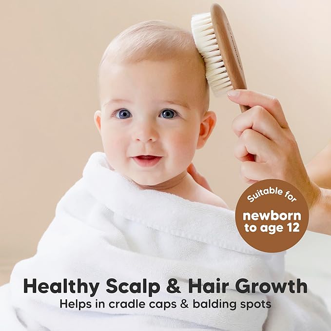 Baby Hair Brush and Comb Set for Newborn - Wooden Baby Hair Brush Set with Soft Goat Bristle, Baby Brush Set for Newborns,Baby Brush and Comb Set Girl, Boy,Toddler Cradle Cap Brush (Oval, Dark Walnut)