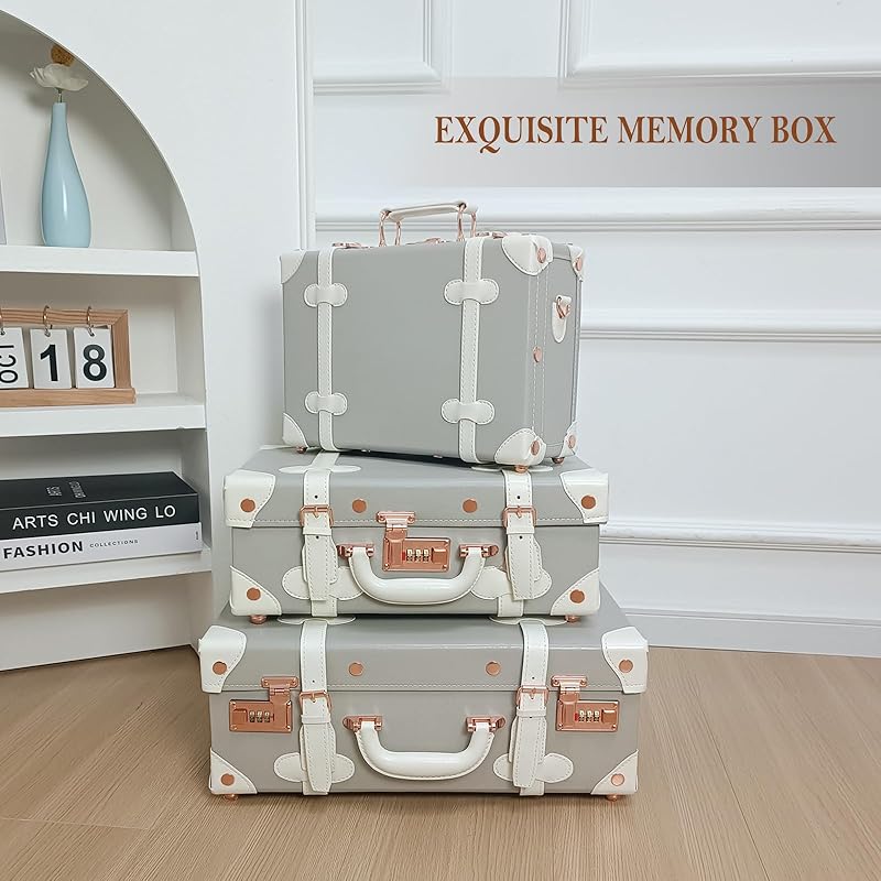 Unitravel Baby Keepsake Case, 18" Handmade Memory Storage Box, Newborn Keepsake Box, Vintage Suitcase for Baby Shower, Baptism, Naming Ceremony or Birthday (grey)