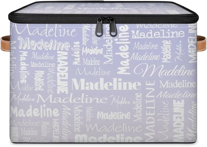 Custom Storage Basket with Name, Personalized Storage Bins with Zipper Lid, Foldable Fabric Storage Box Large capacity with Handle Purple White