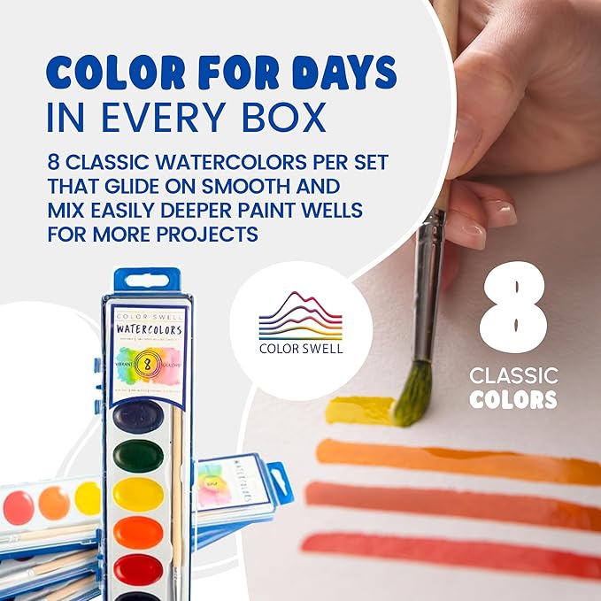 Color Swell Bulk Watercolors Paint Pack with Wood Brushes - 36 Sets with 8 Washable Colors Each - Perfect for Kids, Classrooms, Parties, Students, Donations, Party Favors, All Ages