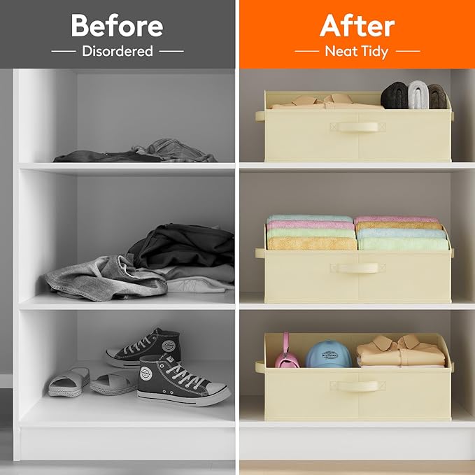 Lifewit Storage Baskets for Shelves, 6 Packs Non-woven Fabric Trapezoid Closet Organizer Bins with Handles, Foldable Clothing Containers Box for Clothes, Toy, Towel, Book, DVD, Hats, Large-Beige