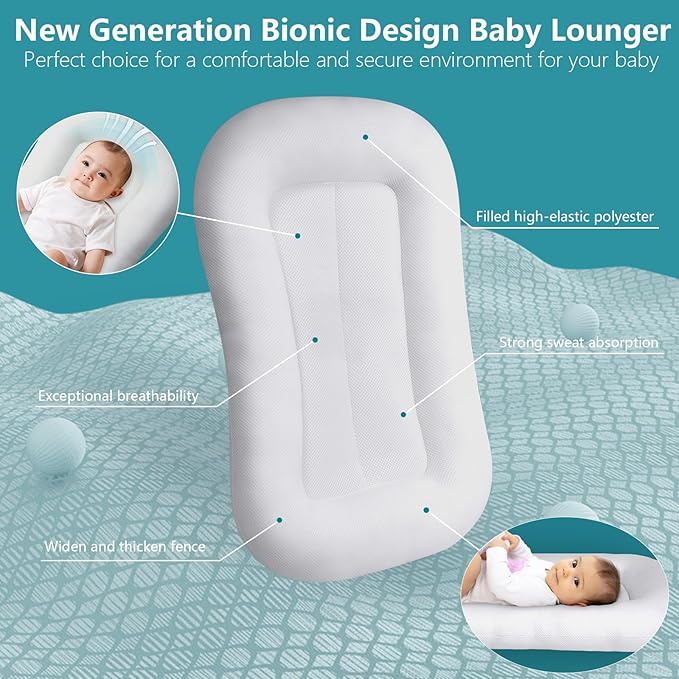 Baby Lounger for Newborn, Soft Organic Cotton Breathable Infant Lounger for for Home and Travel (Blue)