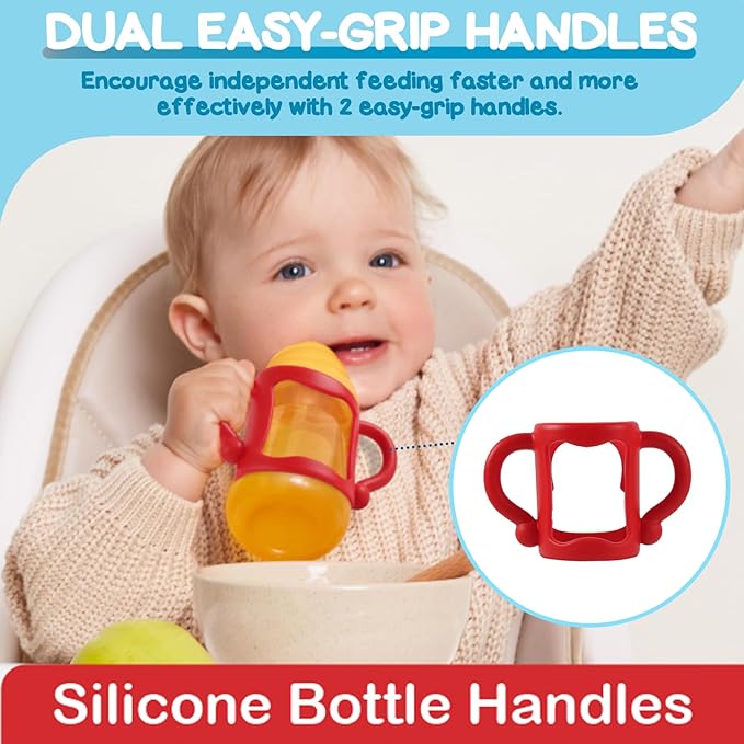 TonGass (4-Pack) Bottle Handles for Dr Brown Narrow Baby Bottles with Easy Grip Handles to Hold Their Own Bottle - BPA-Free Soft Silicone - Red Orange Blue and Green