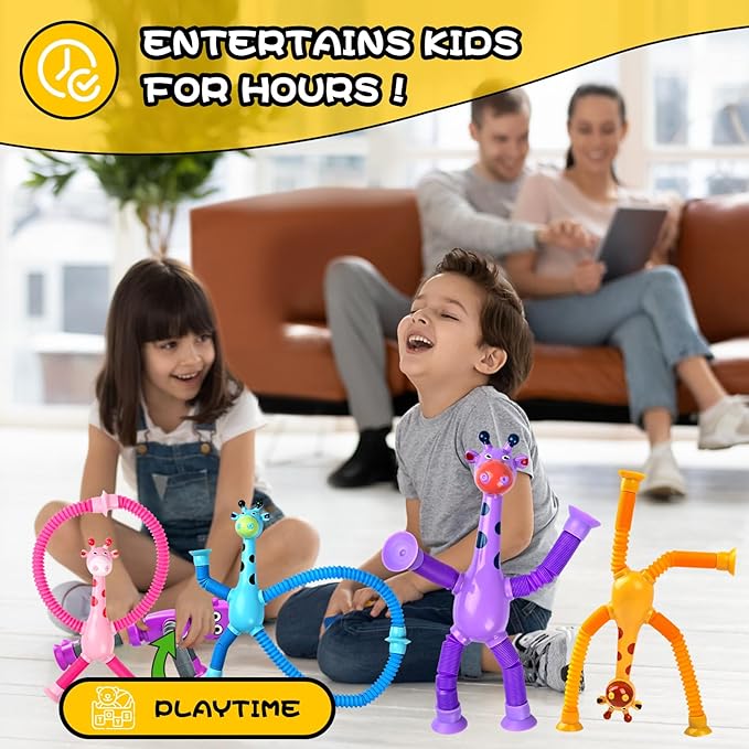 Giraffe Sensory Toys 4Pcs Gift for Toddlers Girls Year Old Ages 3 4 5 6 7 8 9 10, Suction Autism Toy Pop Tube Fidget Toys Autistic Travel Toys Stocking Easter Basket Stuffer Valentine Gift for Kids