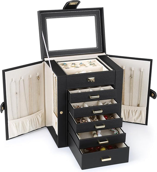 Kendal Jewelry Box, 6-Layer Jewelry Storage Organizer for Necklace Bracelet Rings Watch, 10.2"x8.2"x6" Classic Black PU Leather 5 Drawers Large Storage Capacity with Mirror