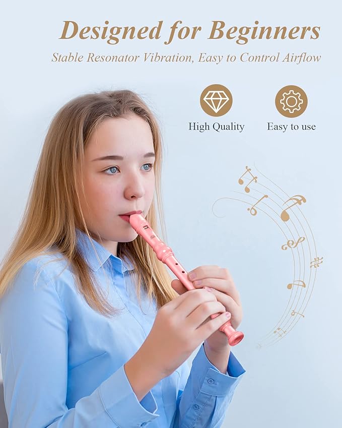Eastar Soprano Recorder Instrument for Kids Beginners, German Fingering C Key with Cleaning Kit, Thumb Rest, Cotton Bag, Fingering Chart, ERS-21GP, Pink, School-Approved