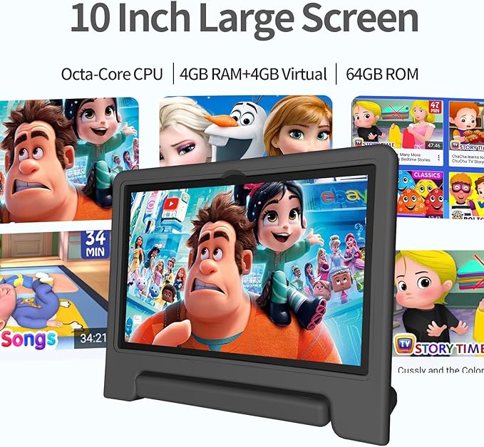JREN Tablet for Kids｜10 Inch Kids Tablet Android 14｜Octa-core｜64GB｜WiFi ｜Bluetooth｜Parental Control｜Children Content｜Children Toddler Black