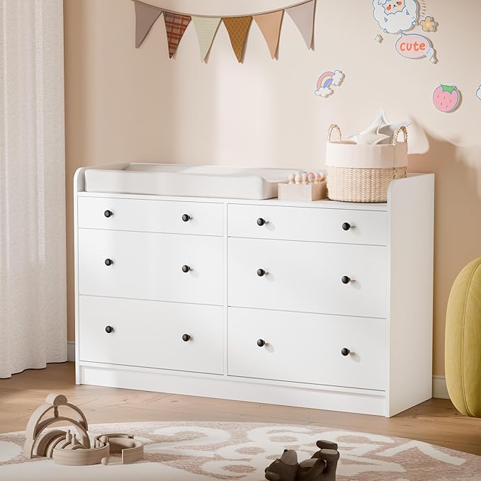 Cozy Castle Baby Dresser with 6 Drawers and Large Table Top, Multi-Functional Chest of Drawer, Drawer Dresser with Three-Sided High Rails for Nursery, Children's Room, Bedroom, White