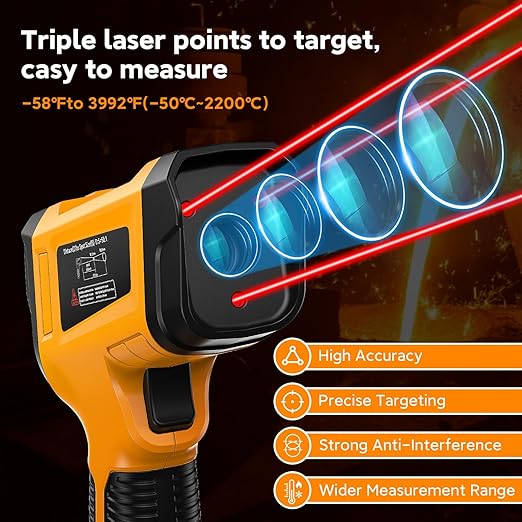 Industrial Infrared Thermometer Gun, 50:1 D:S Ratio, -58°F-3992°F, Triple Laser, High Precision Temp Gun for Kiln, Engine, HVAC, BBQ, Industrial Inspection