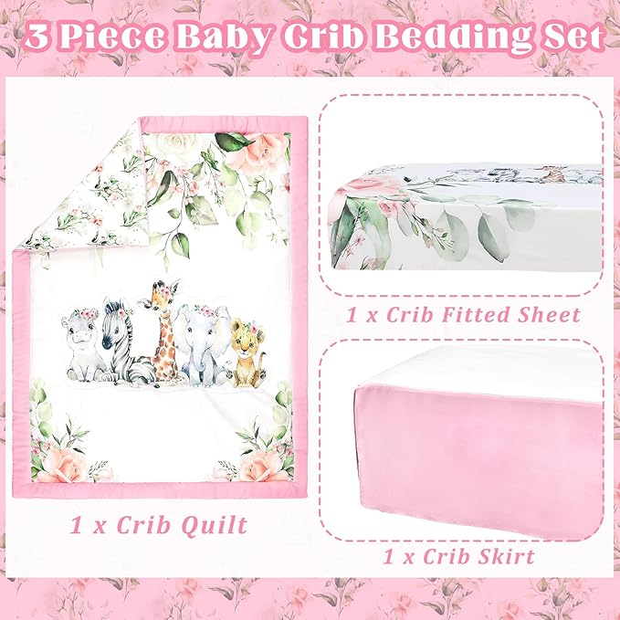 3 Pcs Baby Crib Bedding Set Safari Animals Dinosaurs Bear Woodland Animals Jungle Crib Set Includes Quilt, Fitted Sheet, Skirt for Baby Boy Girl(Pink,Safari)