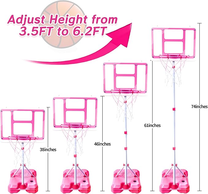 Kids Basketball Hoop with Stand, Adjustable Height 3.5FT-6.2FT Toddler Basketball Hoop, Basketball Goal Outdoor Indoor Toys for Girls Age 3 4 5 6 7 8 Years Old Gifts(Pink)