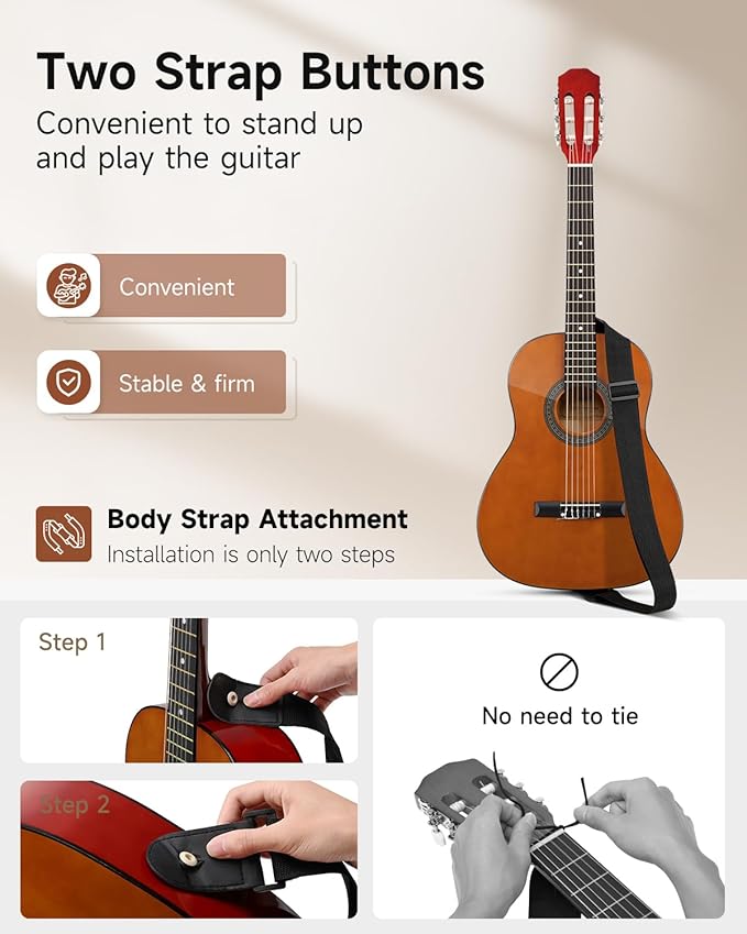 Moukey 36" Acoustic Guitar for Beginners Kids Youth 3/4 Size Dreadnought Travel Guitarra Acustica Kit with Chord Poster, Gig Bag, Tuner, Picks, Nylon Strings, Capo, Strap - Brown