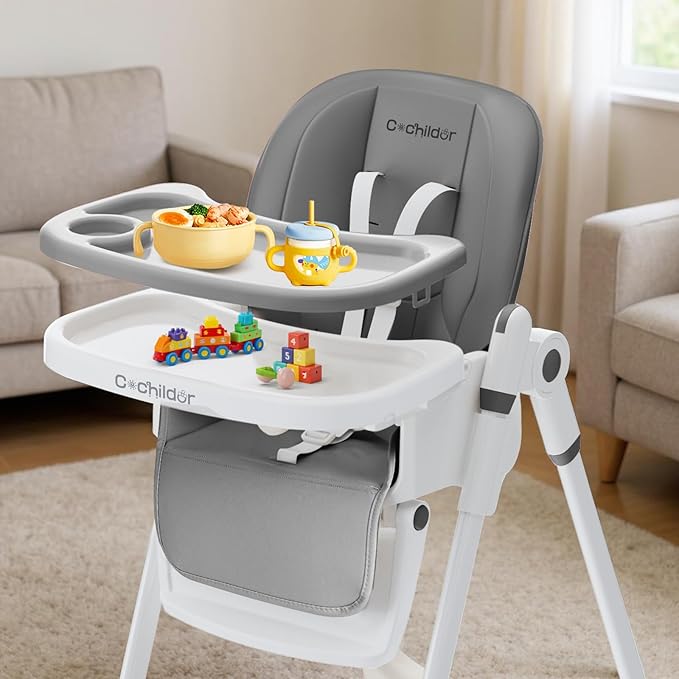 3-in-1 Foldable High Chair for Babies & Toddlers – Adjustable Height, Reclining Seat, 5-Point Safety Harness, Removable Tray, Lockable Wheels, Washable Cushion – Portable & Easy Clean, Grey