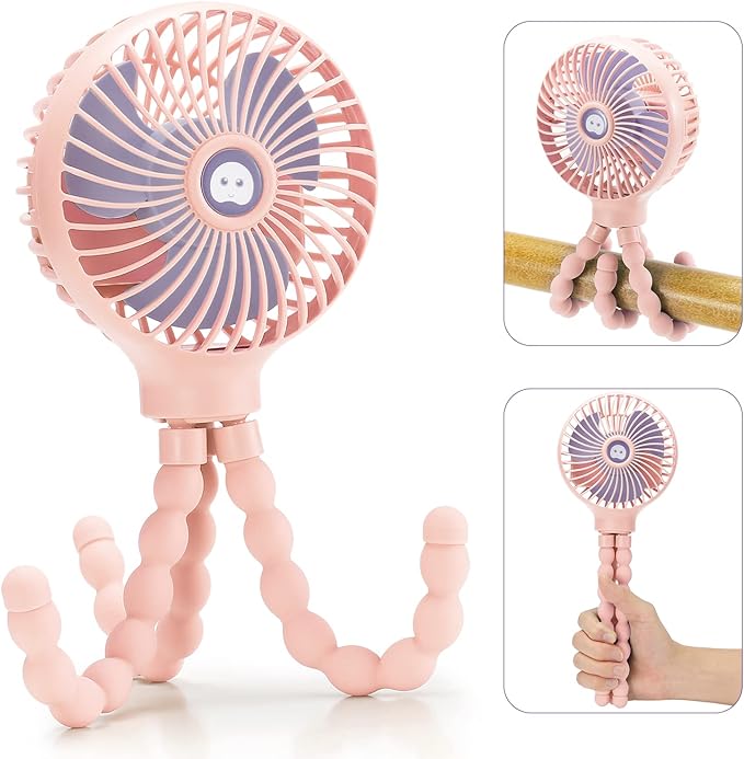 snawowo Mini Handheld Personal Portable Fan, Baby Stroller Fan, Car Seat USB or Battery Powered, with Flexible Tripod Clip on Student Bed Desk Bike Crib Treadmill Camping Traveling(Pink)