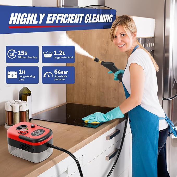 TOTTE Handheld Pressurized Steam Cleaner, 2500W Pressure Portable Cleaner with 3 Brush, 6-gears adjustable for Home Use, Floor, Kitchen,Bathroom, Car (Red)